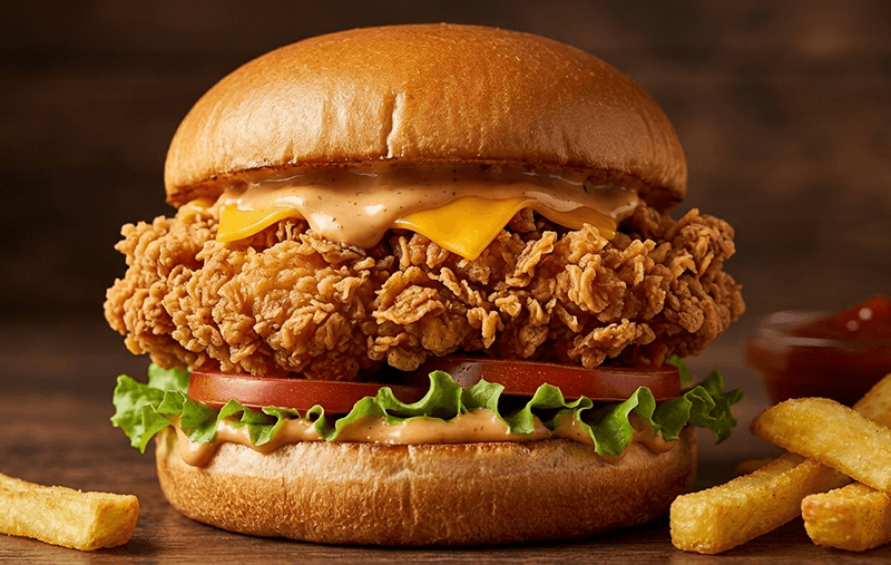 Crispy chicken burger with sides for calorie guide